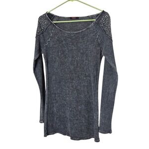 T Party Vintage Rhinestone‎ Embellished Thermal Top Acid Wash Gray Knit Punk L